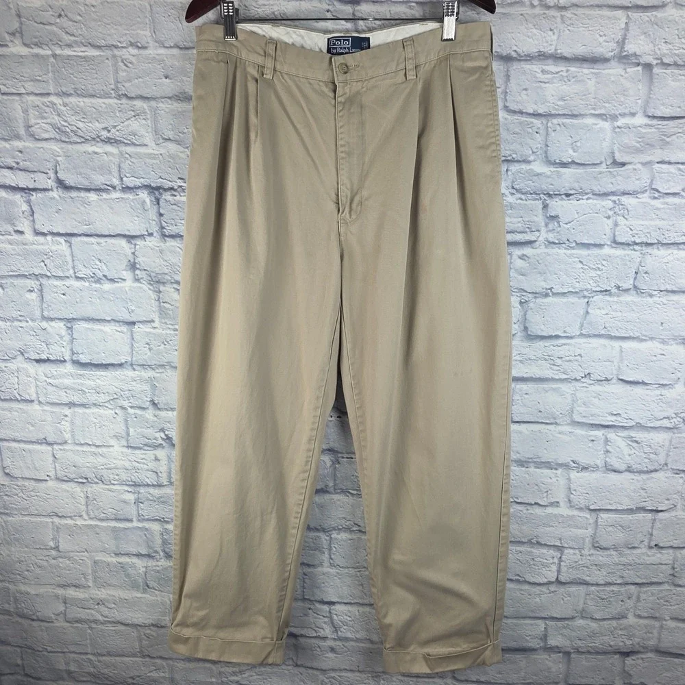 Vintage Polo Ralph Lauren Men Hammond Pant Khaki Pleated Cuffed Chinos (34X29)